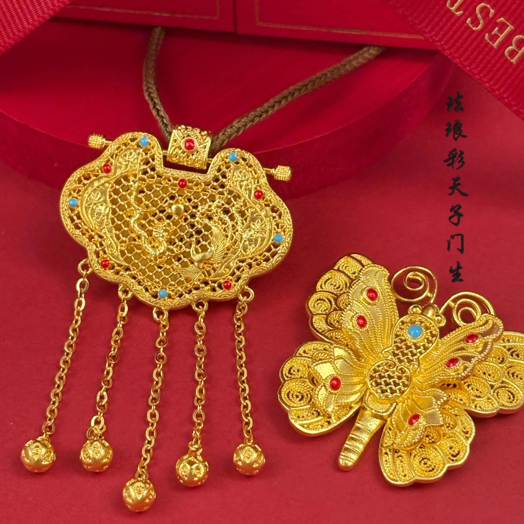 吊坠足银 珐琅彩天子门生如意锁包民族风龙凤呈祥锁包女士吊坠