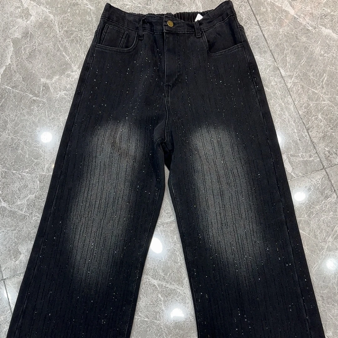 爆闪烫钻高腰直筒阔腿裤加绒加厚