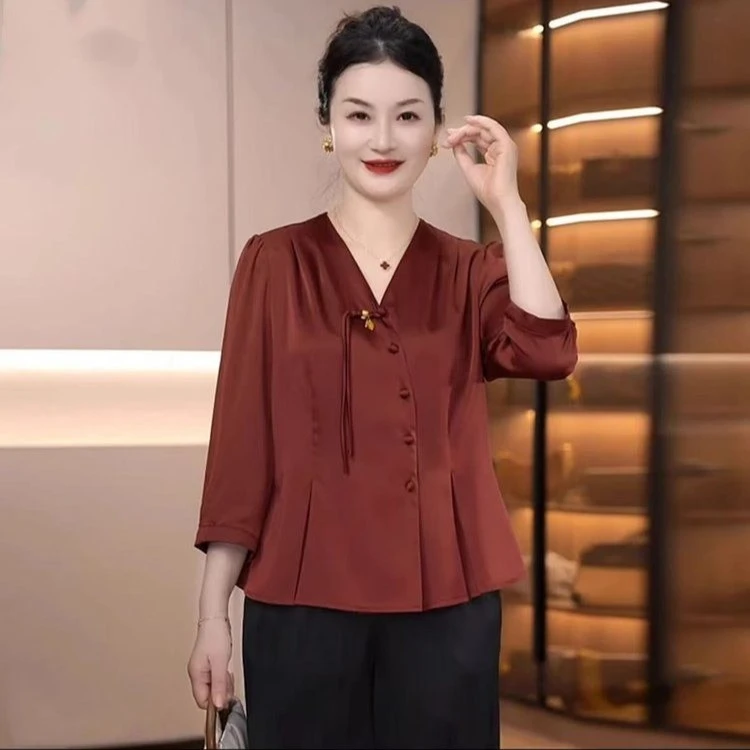 罗蒙洋气妈妈装夏季高档短袖T恤女新中式衬衫宽松中年上衣两件套