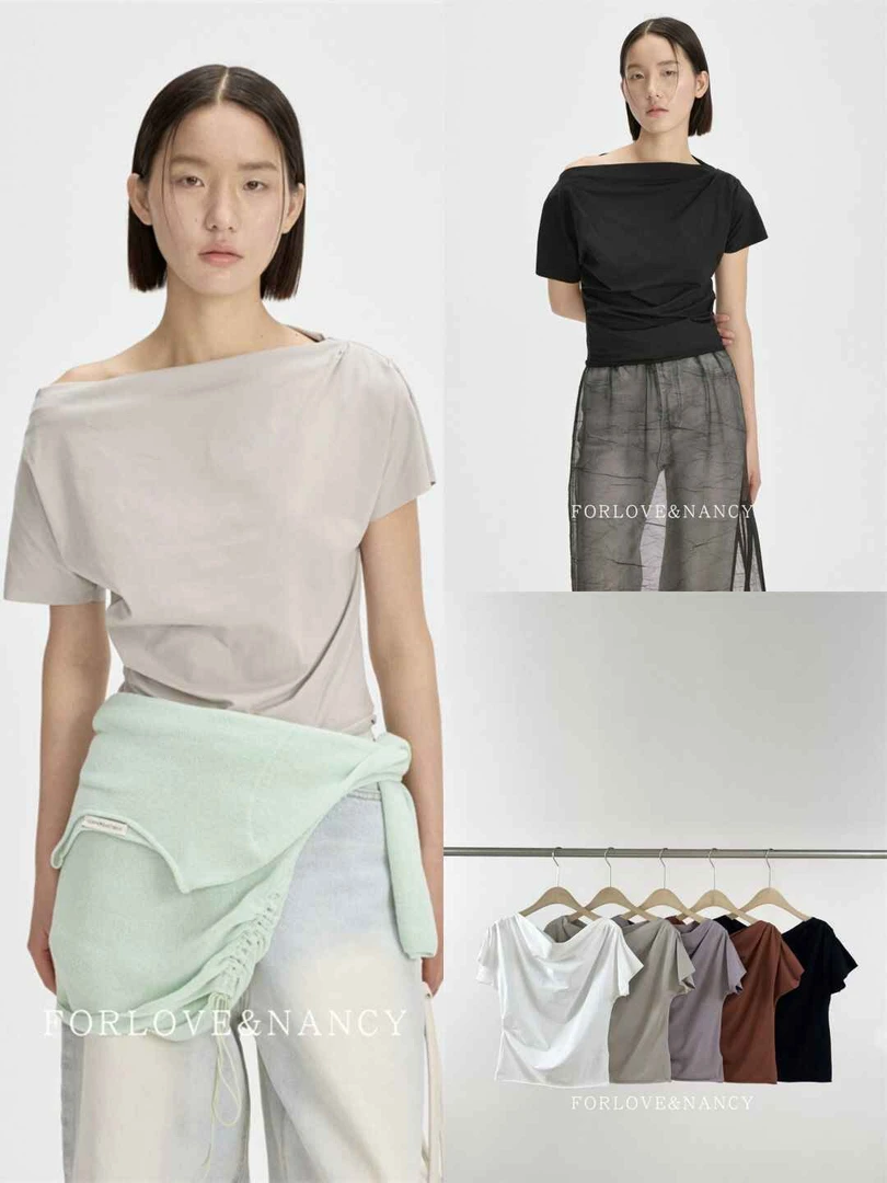 【FN】22335韩系极简压褶一字领斜肩松弛感短袖T恤