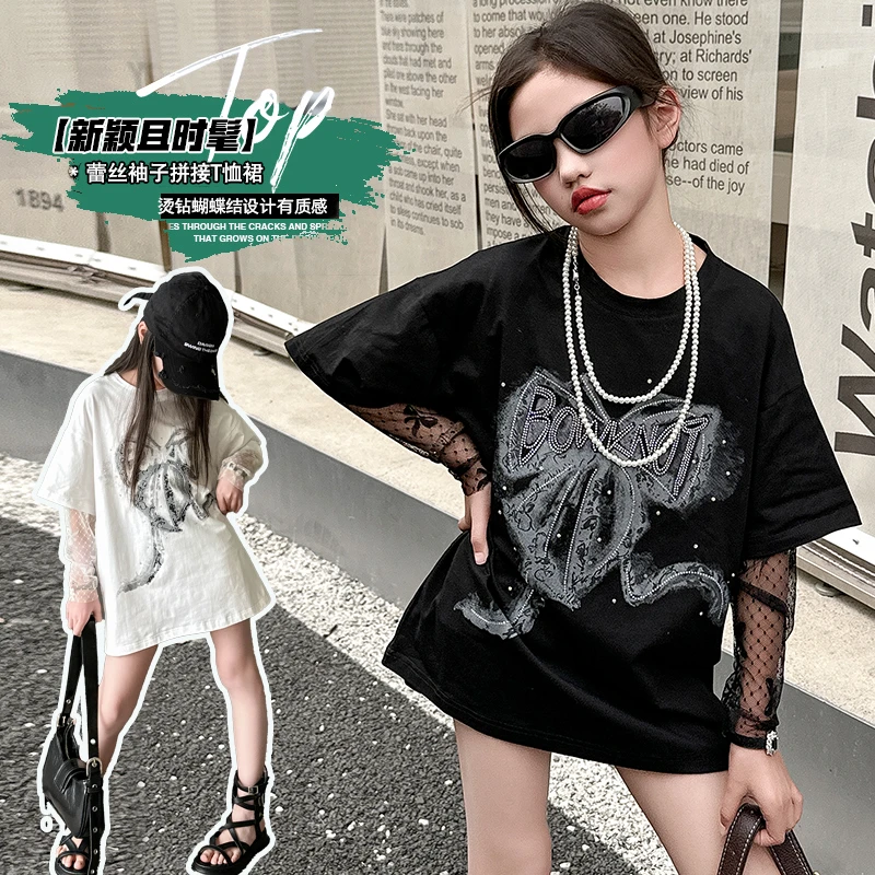 女童短袖T恤夏装2025新款中大童洋气网红蕾丝袖T恤中长款休闲上衣
