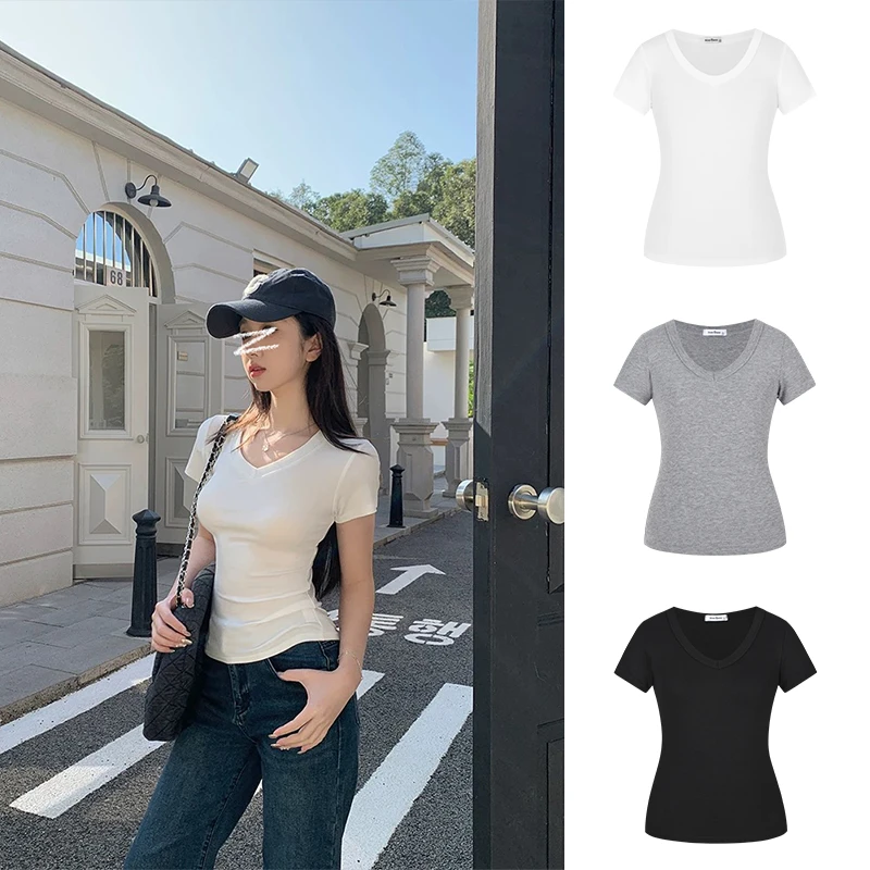 Moses Queen/魔西女王基础款正肩V领修身上衣掐腰显瘦百搭短袖T恤