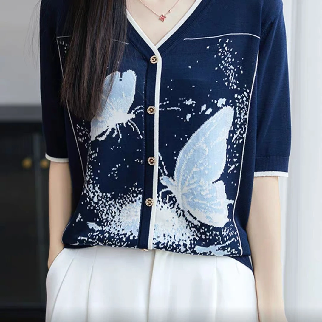 002印花V领春季短袖毛针织衫轻奢休闲提花开衫