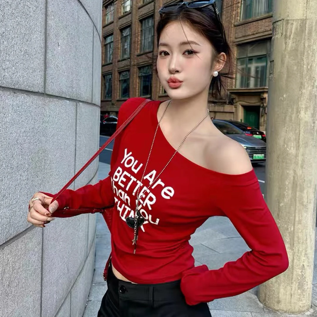 8603 美式修身字母YOU两侧褶皱辣妹T恤C2-1-2