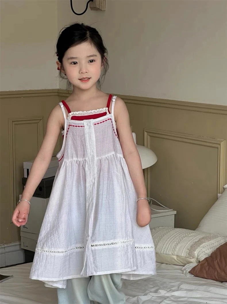 女童连衣裙套装两穿夏2025韩版女宝红色背心上衣吊带裙森系两件套