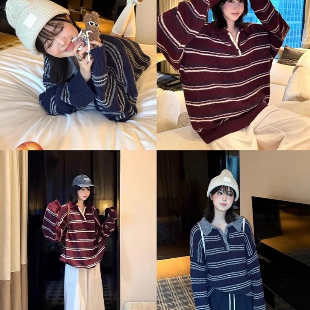 韩系气质复古风条纹polo衫毛衣女穿搭慵懒风高级感显瘦宽松毛衣