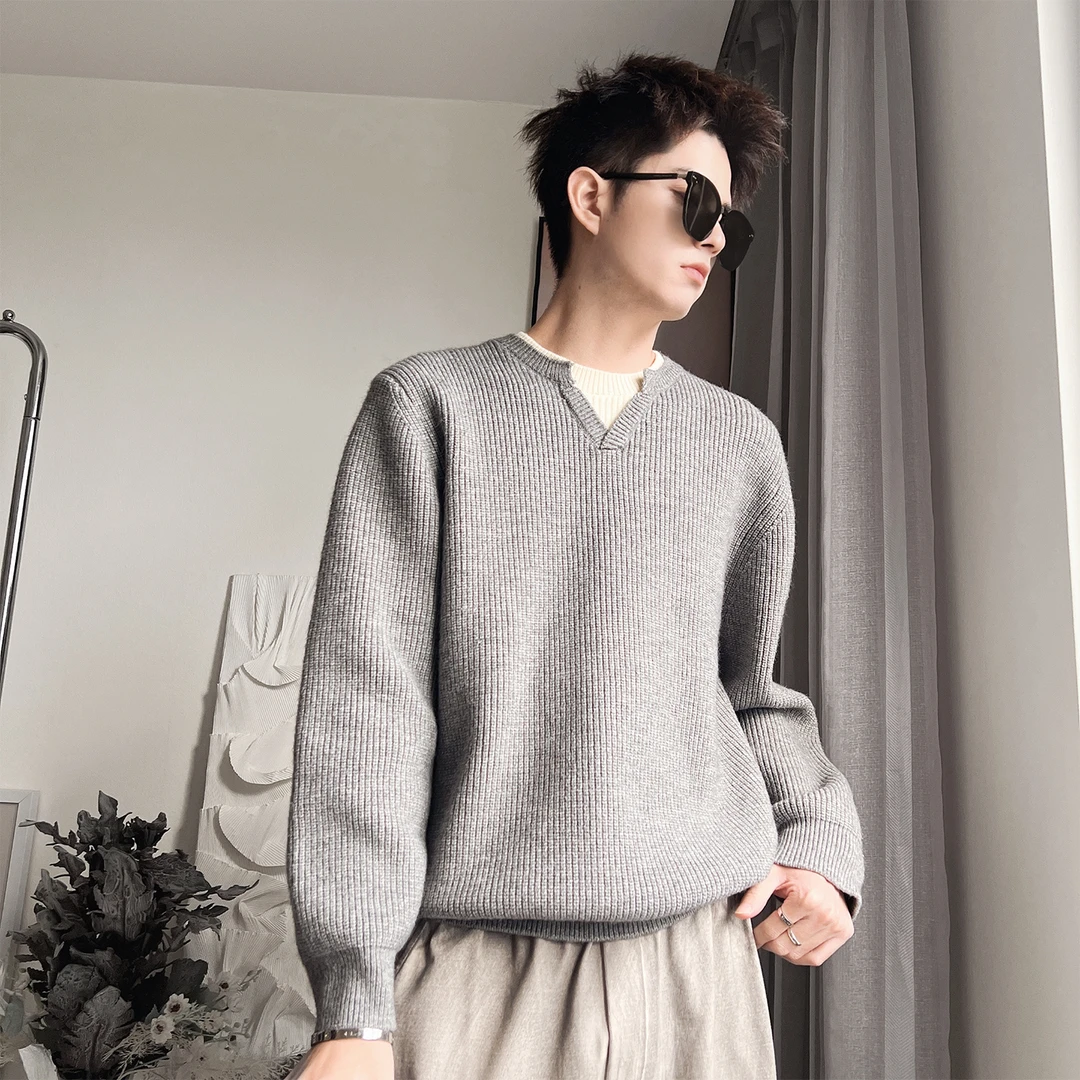 假两件毛衣男士秋冬季爆款加厚保暖高级感休闲百搭V领针织打底衫