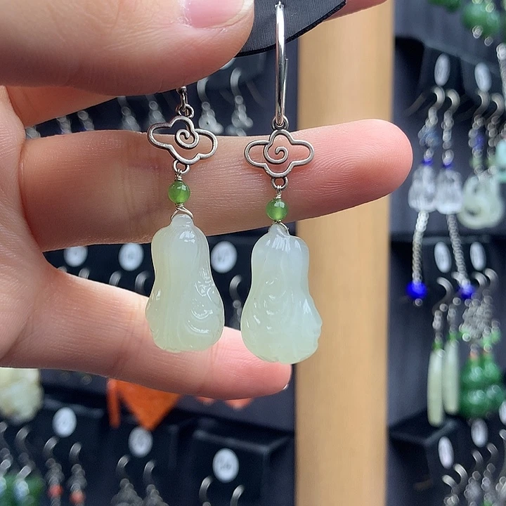 和田玉耳饰银S925镶嵌薇*