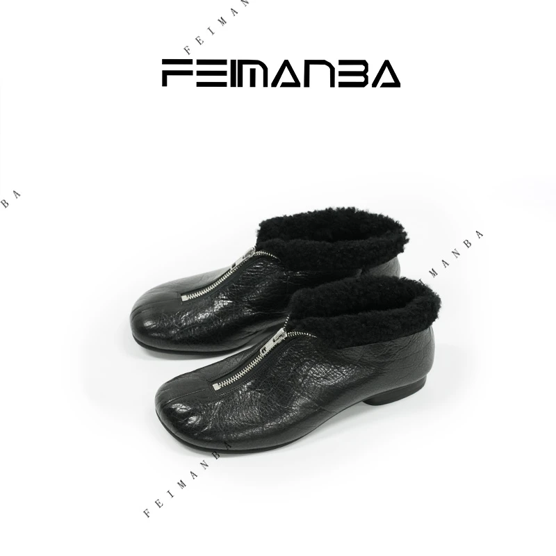 FEIMANBA 短筒拉链皮面圆头雪地靴黑色
