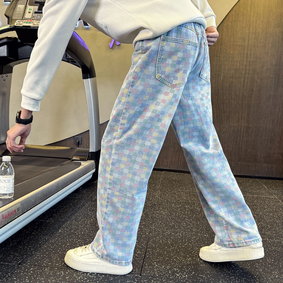 彩色格子直筒牛仔裤男美式高街小众印花宽松男裤潮牌设计感休闲裤