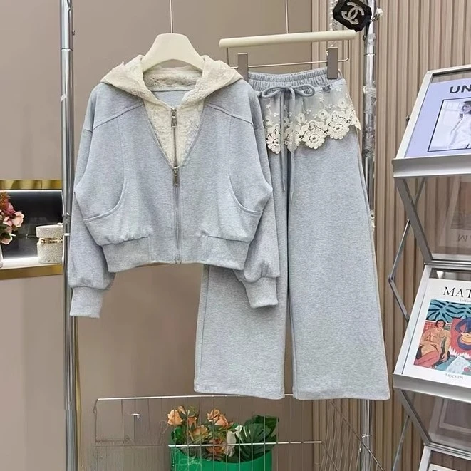 女童韩版休闲蕾丝套装2025春秋新款儿童洋气外套女孩阔腿裤两件套