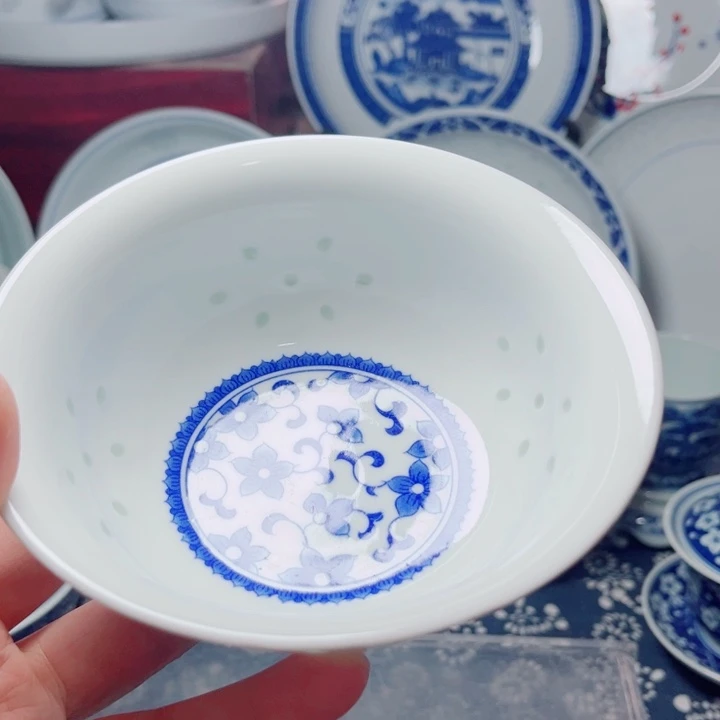 青花玲珑5寸饭碗紫荆花无花