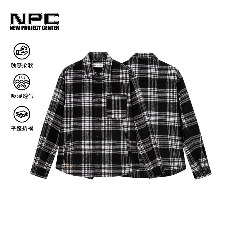 NPC潮牌复古爱心刺绣磨毛黑白格纹衬衫男宽松衬衫外套NP4CSH23