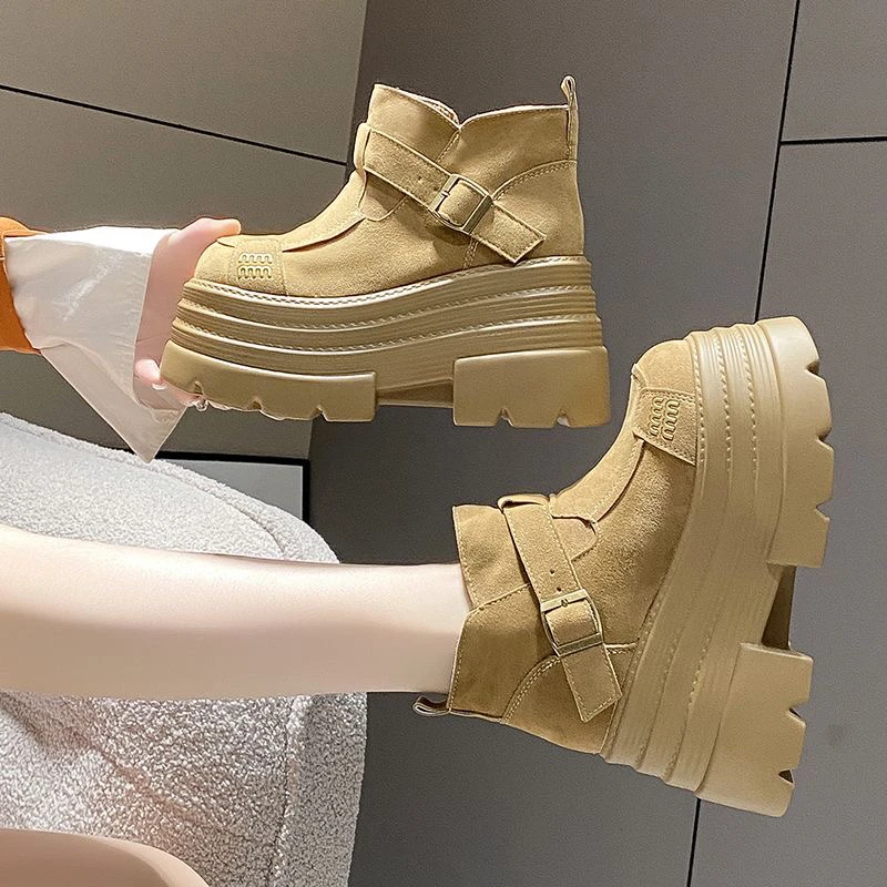 欧货磨砂皮带扣字母厚底松糕显瘦显脚小面包鞋短靴博肯雪地棉靴女