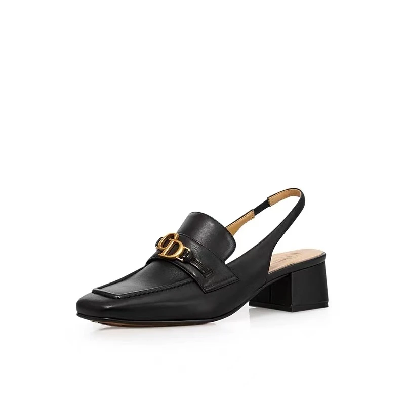 新款女鞋时尚百搭后镂空黑色羊皮通勤粗跟中跟单鞋凉鞋AX13102