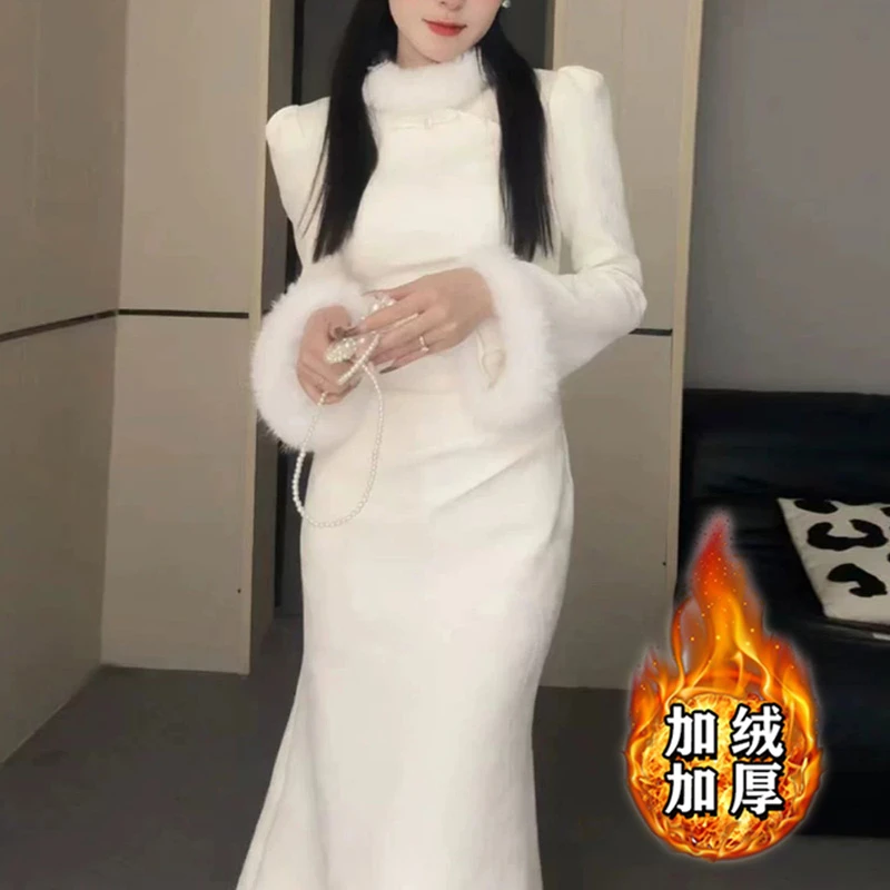 【白色】【加绒加厚】新中式国风连衣裙女2025冬季新款显瘦裙子2838