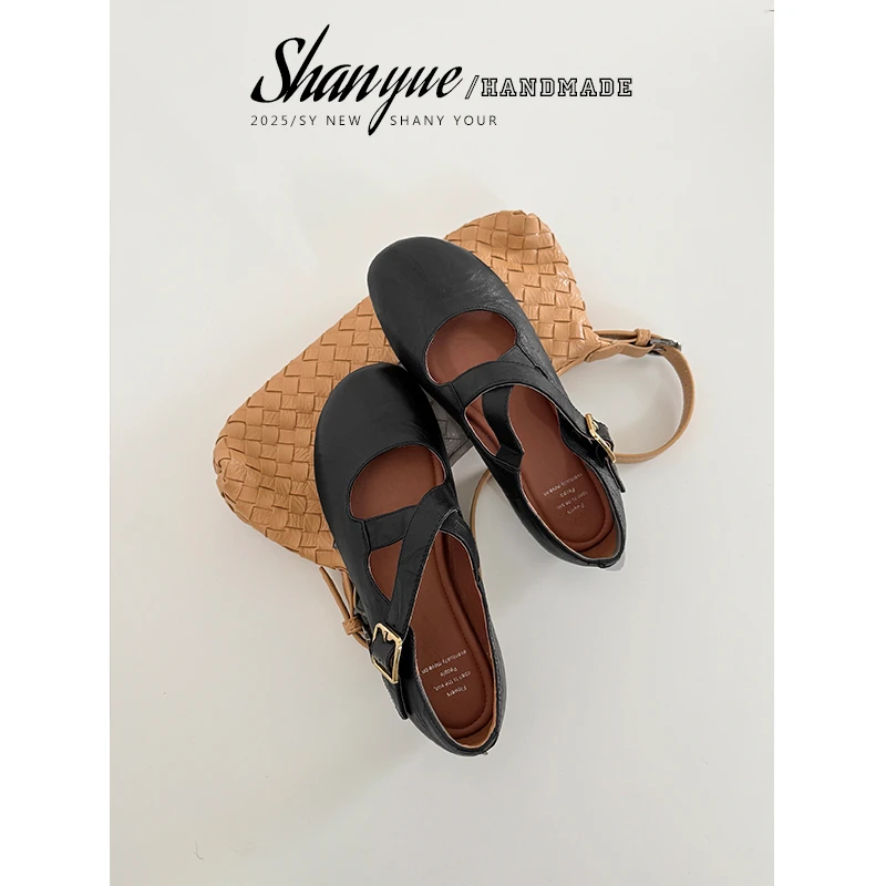 【SHANYUE】 -跟高1cm 头层羊皮/圆头交叉带芭蕾舞鞋女舒适平底浅口