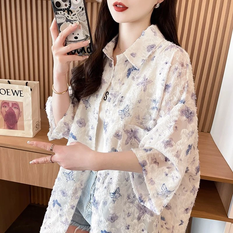 甜美风大码胖mm短袖防晒衬衫女夏季新款韩版宽松薄款衬衣设计感潮