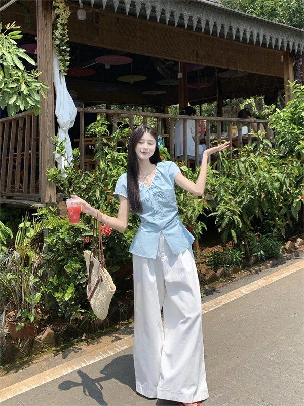 设计皱褶蝴蝶结收腰气质短袖上衣白色宽松休闲阔腿裤2025夏季新款