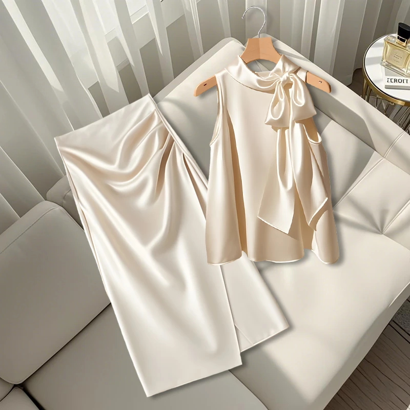 夏天森系套装2025新中式禅意蝴蝶结系带无袖上衣高腰半身裙两件套