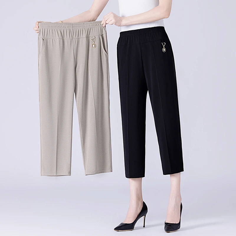 夏季冰丝裤女夏季薄款中老年妈妈裤子中年夏天时尚八分直筒裤