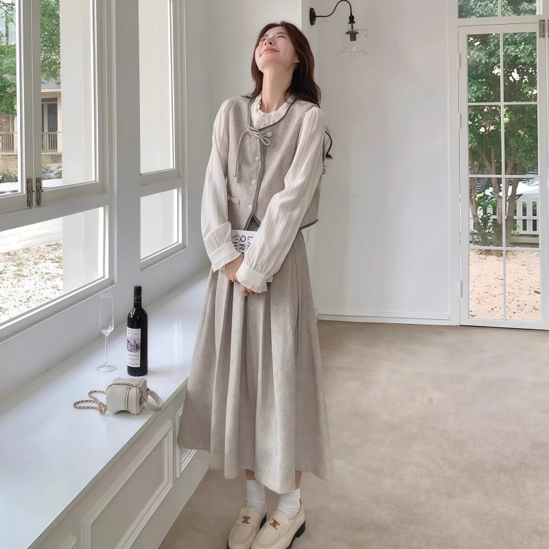 文艺复古衬衫马甲套装裙女2025秋季新款千金感小香风半身裙三件套