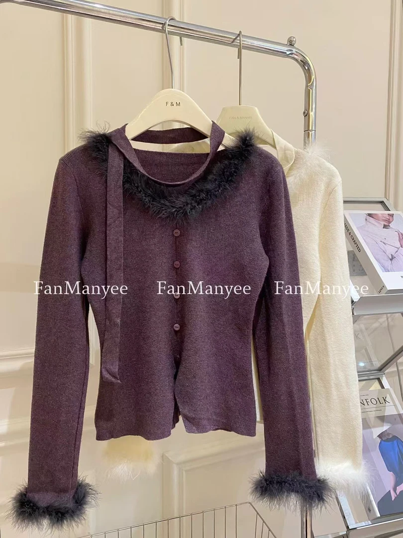 【春日序章】早春韩系气质毛毛拼接飘带纯色修身长袖打底衫