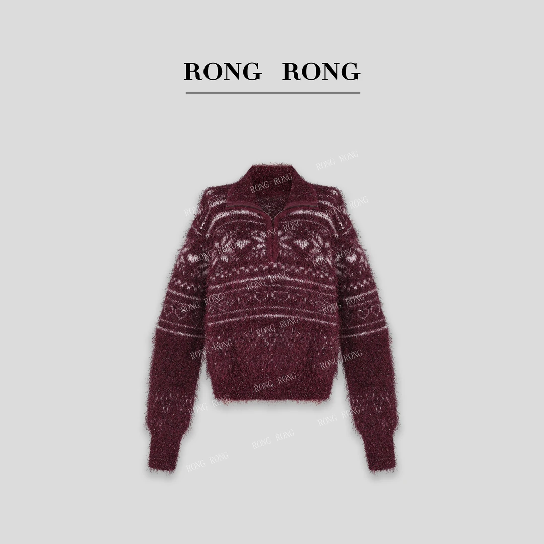 溶溶T【热烈鎏金】RONGRONG 绵羊毛混纺高领半拉链提花毛衣QF5602