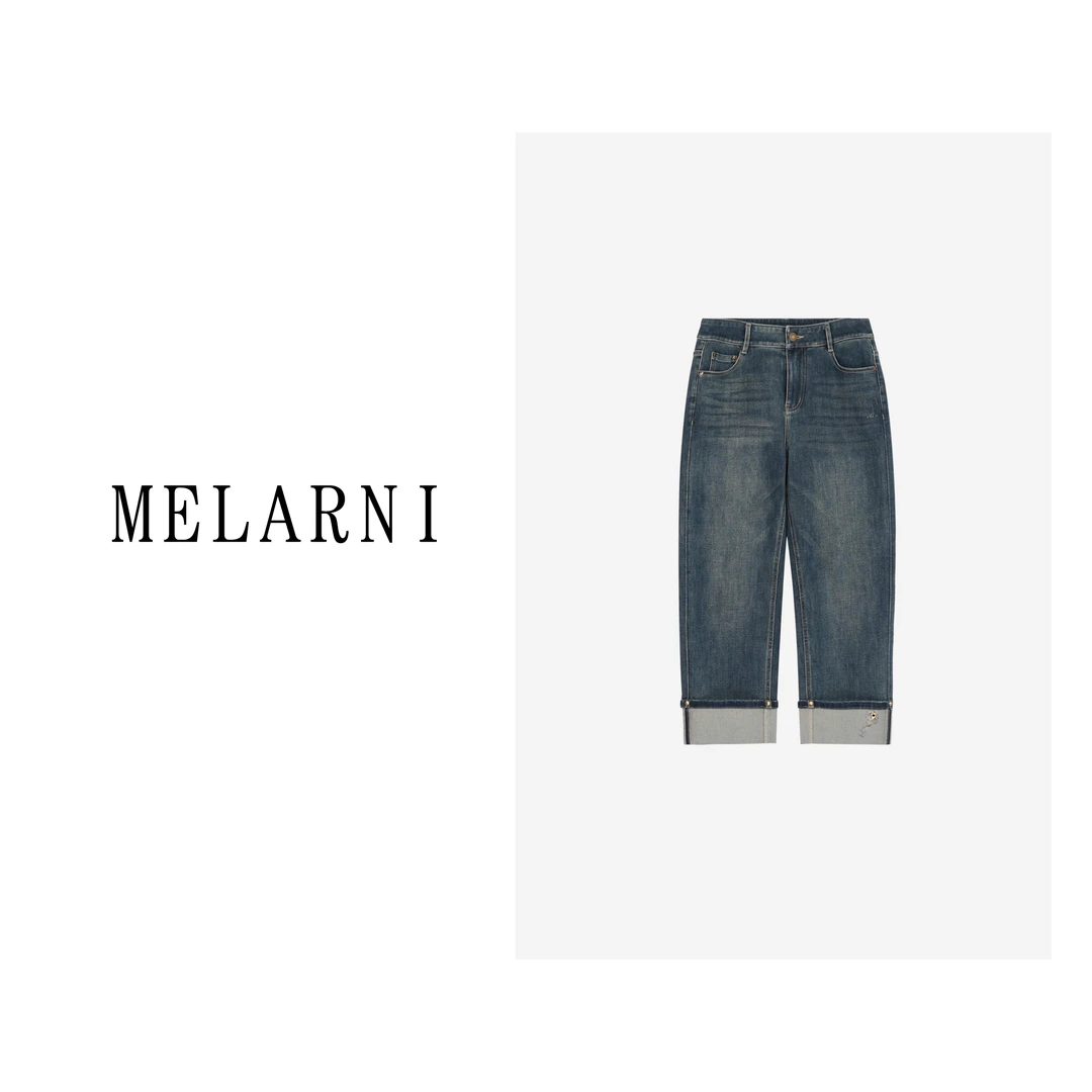 【MELARNI】百搭八弹力高腰直筒烫钻牛仔裤MLN11652