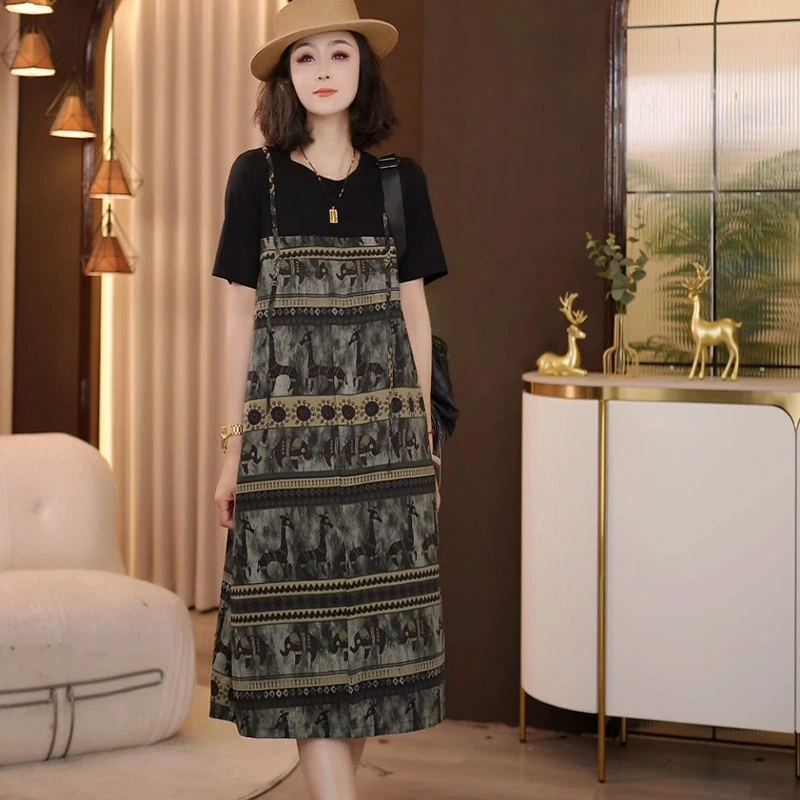 8996夏季新款韩版2025宽松休闲显瘦背带花色连衣裙女