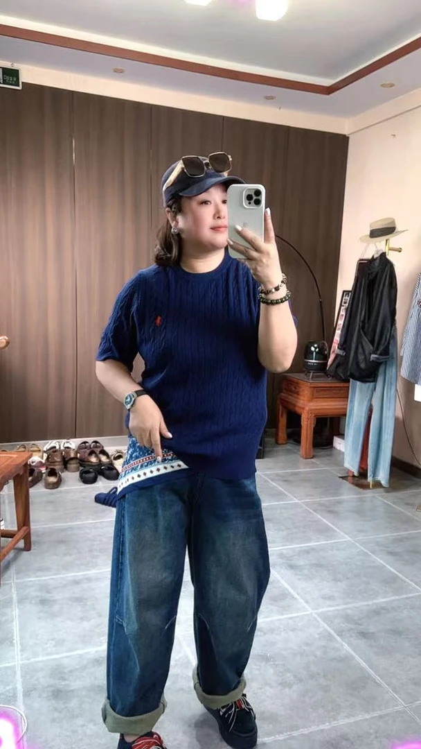 秋季新款大码刺绣短袖提花圆领针织T恤简约女士宽松蓝色百搭88815