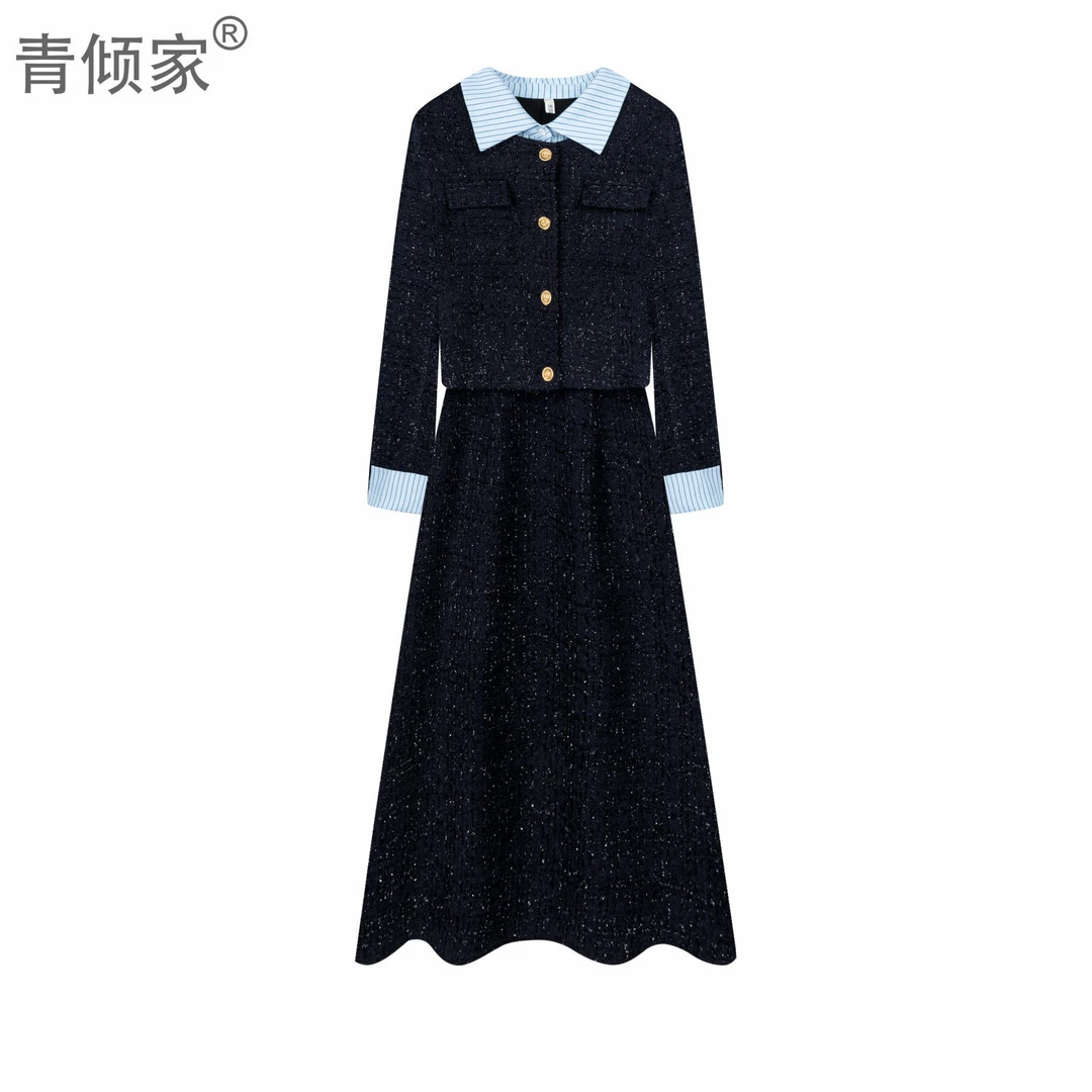 青倾家【浪漫柏林】法式名媛小香风毛呢拼接连衣裙+秋冬外套两件