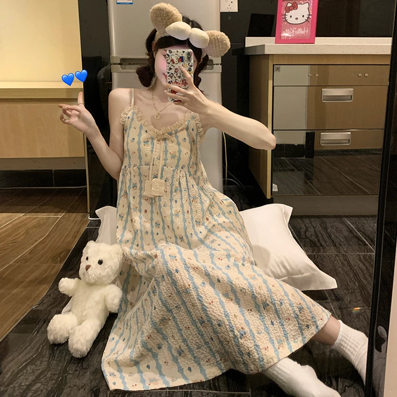 睡裙女款夏天2025新款泡泡棉甜美宽松无袖睡衣女士孕妇夏季家居服