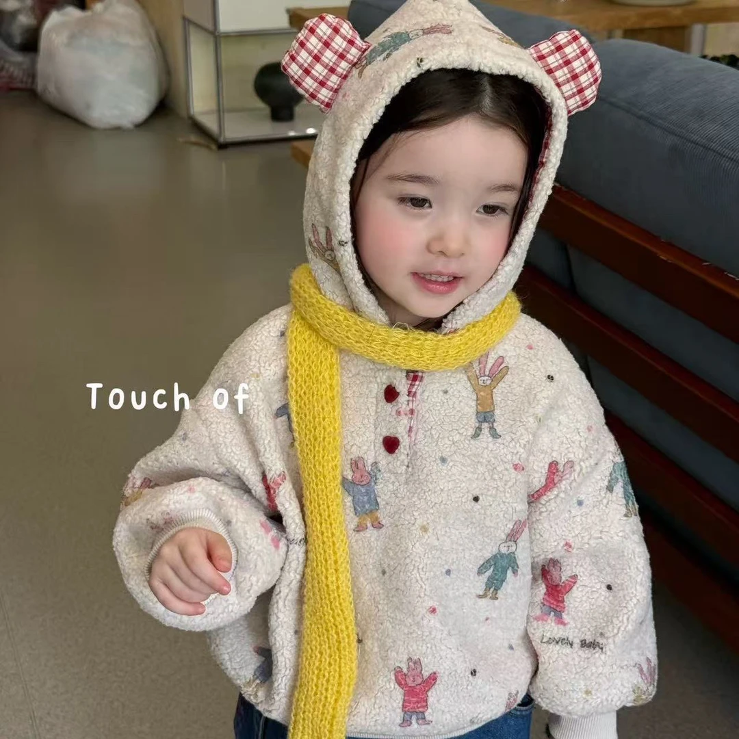 女童毛毛衣2025新款冬季羊羔毛加绒卡通套头加厚一体绒牛仔裤套装