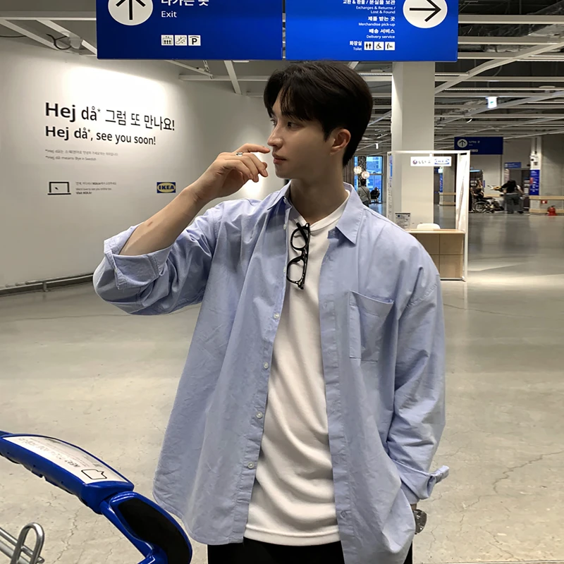 ascloqiao韩系男士春秋休闲衬衫长袖高级感痞帅上衣白色衬衣宽松