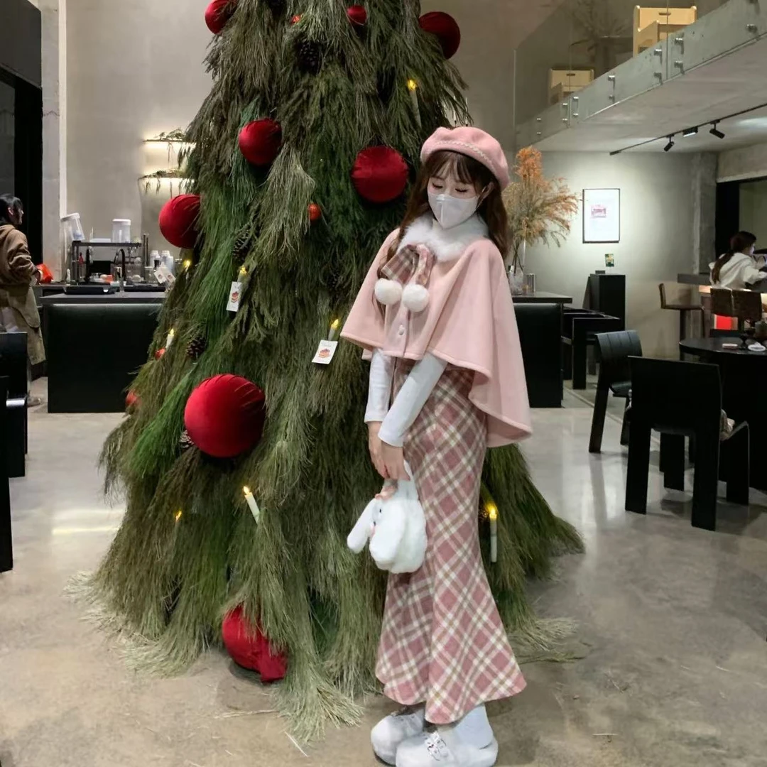 【冬日·恋曲】 千金风斗篷披肩外套女秋冬显瘦格纹鱼尾半身裙