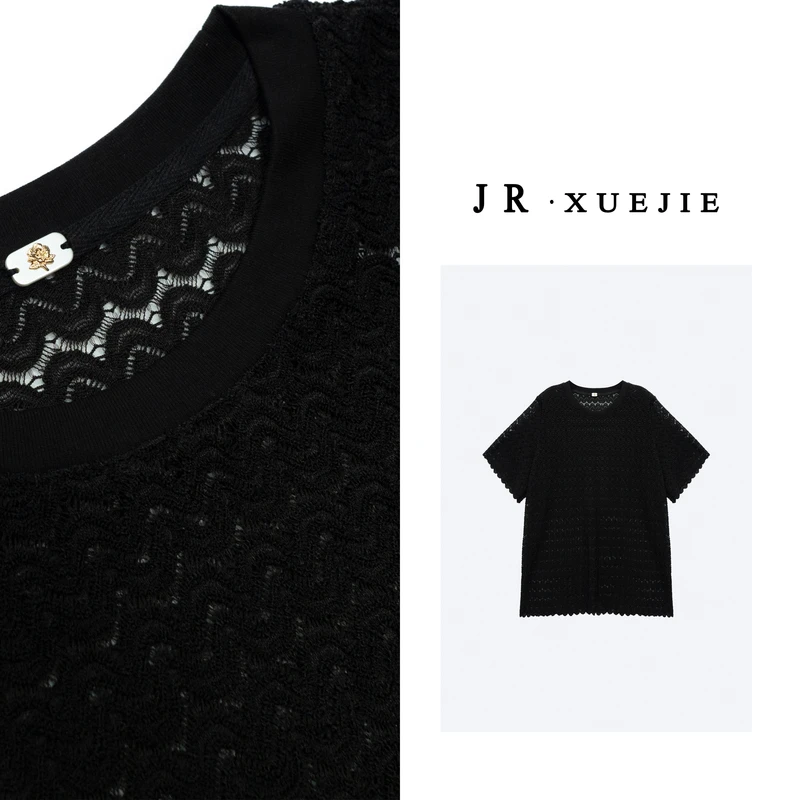 JR·雪姐·缱绻时光-90936牙边镂空蕾丝百搭提花时尚圆领短袖T恤