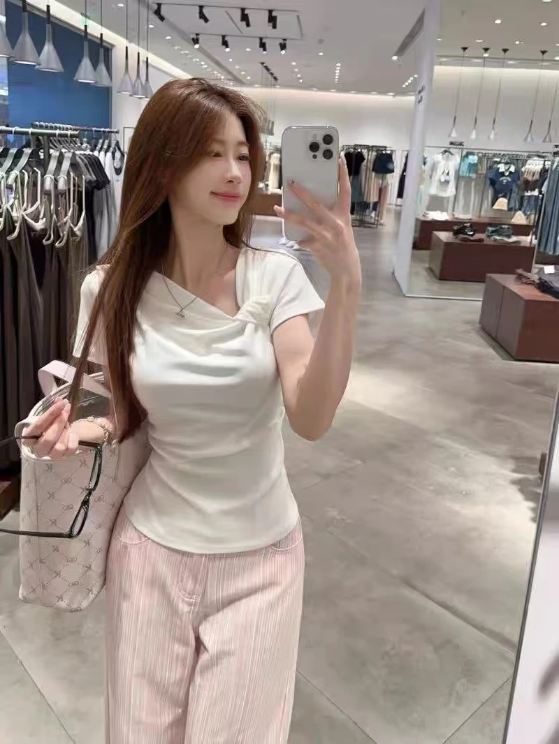 设计感扭结短袖T恤不规则褶皱修身显瘦正肩百搭夏季上衣工厂直销