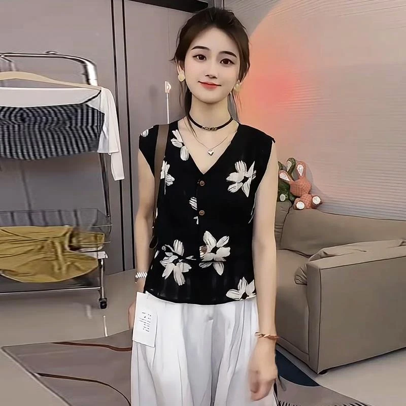 时尚印花系带衬衫女2025夏款时髦洋气V领收腰小飞袖衬衣气质上衣