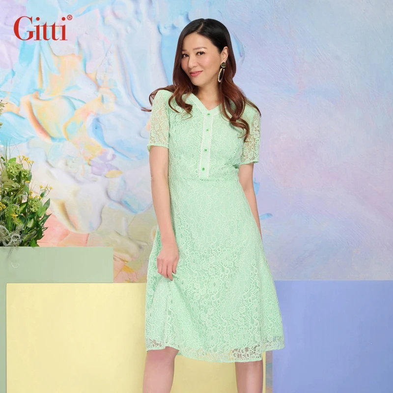 Gitti/吉蒂花边V领显瘦收腰棉连衣裙女优雅气质蕾丝裙G251123