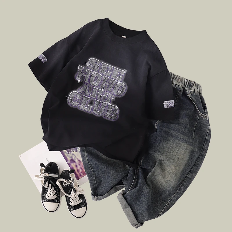 吴小越w966男童韩版工艺炒洗短袖T恤2025款上衣中大童痞帅风