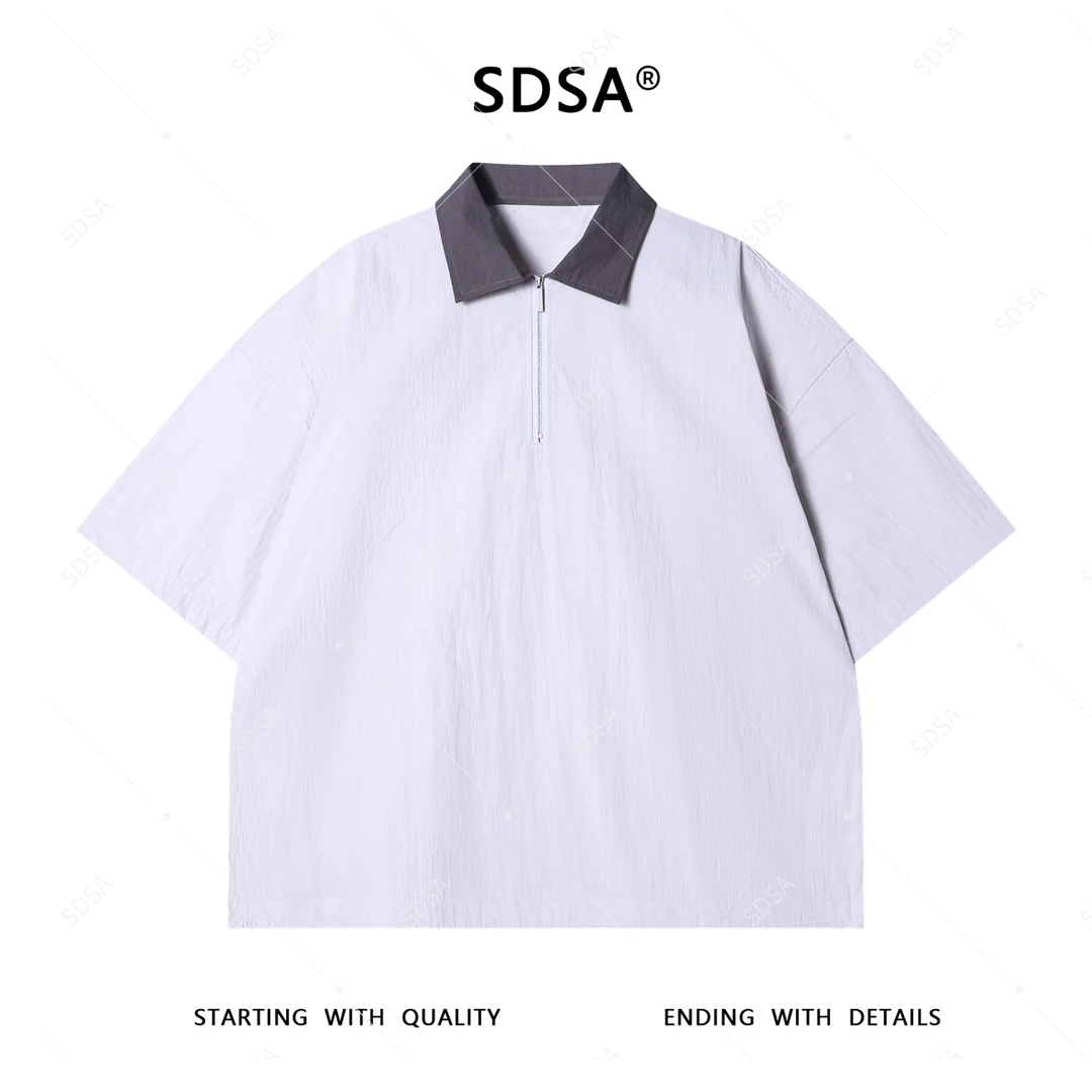 夏季高级感新款男士简约撞色半拉链polo领短袖T恤休闲时尚上衣