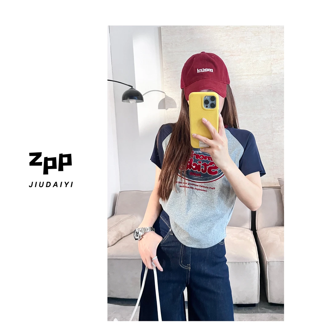 玖黛衣现货【美式街范】新款夏季美式复古印花百搭短袖TXP40887