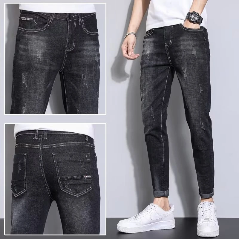 潮牌牛仔裤男黑灰色九分裤社会小伙修身小脚裤秋季水洗弹力长裤男