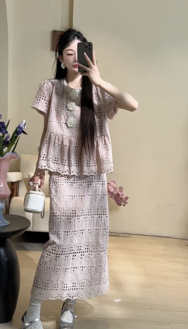 十一原创【桃之夭夭】套装 粉色欧若风 洋气时尚炸街夏季新款