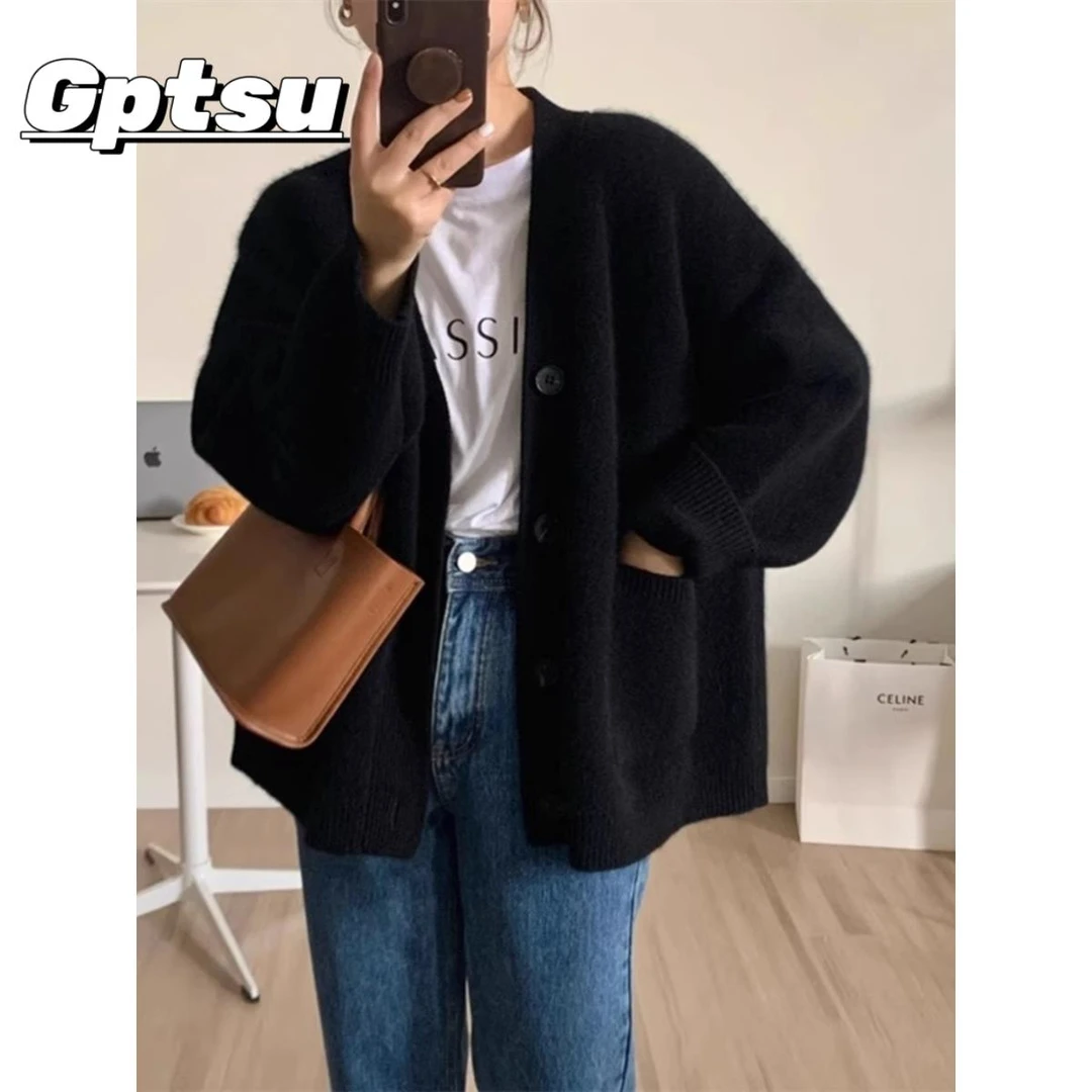 GPTSu高级感软糯黑色v领针织开衫女秋冬加厚宽松慵懒毛衣外套上衣