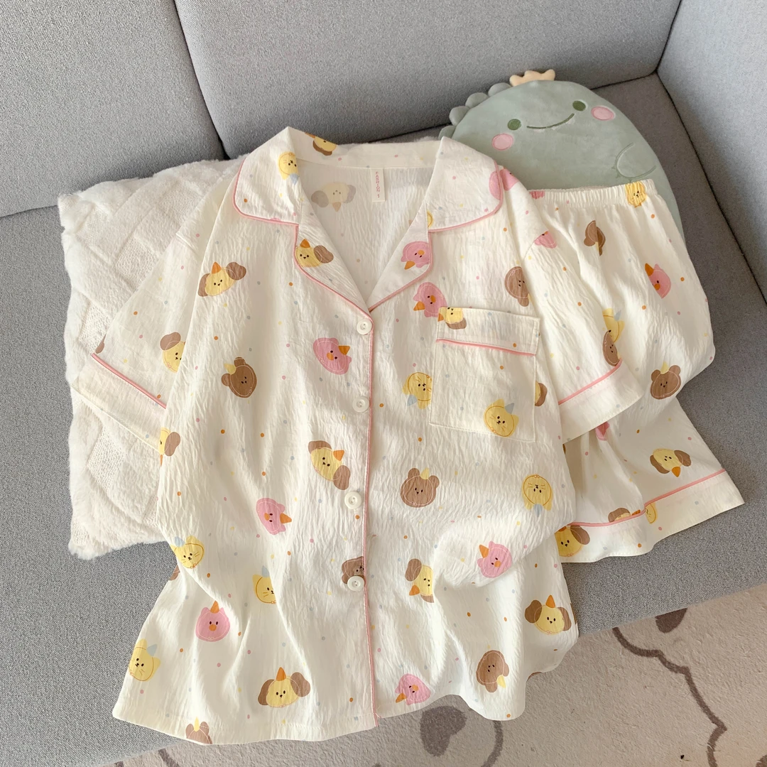 可爱甜美睡衣夏季云朵棉短袖短裤开衫可外穿甜美学生两件套家居服