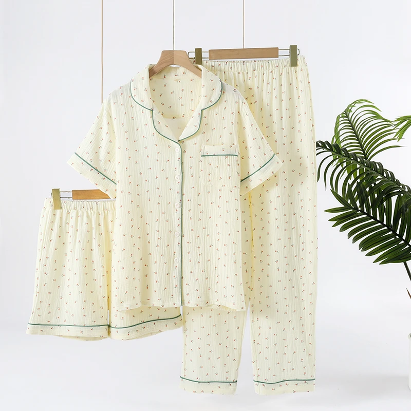 女士睡衣纯棉纱布三件套春秋夏季薄款绉布翻领短袖短裤长裤家居服