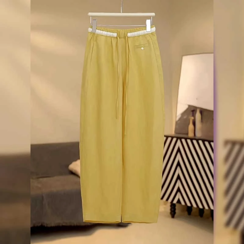 亚麻撞色腰茧型镰刀裤女大码夏季薄款梨形显瘦垂坠九分哈伦休闲裤