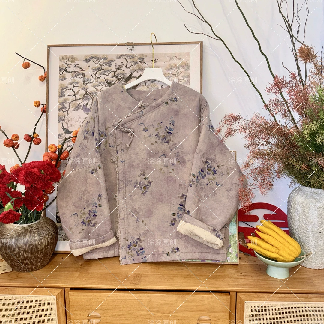涂涂国风【田园系】原创设计新中式斜纹棉手工拉毛斜襟盘扣棉服外套